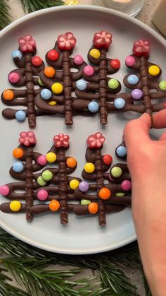 a person is decorating some cookies with chocolate and candies on a white plate