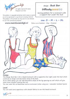 Digital E-booklet with sewing pattern for instant DOWNLOAD on Etsy after your purchase : pattern BUST BAR from Dutch design Merckwaerdigh to make a swimsuit all by yourself. A comfortable modern item with some extra support for the bust without those pricky underwires. You can wear this as beachwear or for a daily swim when choosing sun and seawater resistant stretch fabric. For this pattern you some experience in handmade swimwear, working with stretch materials is a bit more challenging! There Handmade Swimwear, Dutch Design, Printed Paper, Leotards, Sewing Pattern, Stretch Fabric, Sewing Patterns, Instant Download, Sun