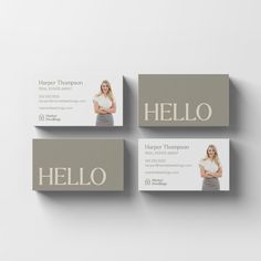 three business cards on top of each other with the words hello written in white and grey