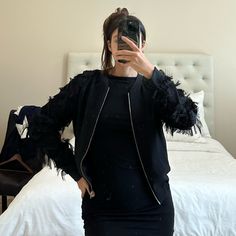 Zara Fringe Black Sleeve Bomber (Small) Elegant Fabric And Sleeve Details For Classic Bomber. Perfect For A Night Out With Any Outfit! Wore Once And Looks In Brand New Condition Still!! (: Zara Black Outerwear For Layering, Zara Long Sleeve Outerwear For Night Out, Zara Long Sleeve Jacket For Night Out, Elegant Fabric, Bomber Jackets, Zara Jackets, Zara Black, Sleeve Detail, Night Out