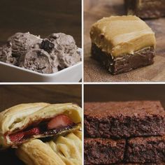 four different pictures of desserts and pastries