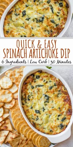 spinach artichoke dip with crackers on the side and in a white casserole dish