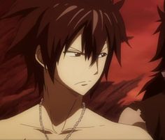 two anime characters one with black hair and the other without his shirt, standing in front of a red background