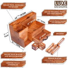 the contents of a wooden box labeled with measurements and instructions for each item in it