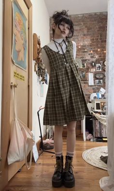 Plaid Babydoll Dress Outfit, Cute Arcade Date Outfit, Summer Alternative Outfits Grunge, Feminine Core Aesthetic, Modest Outfits For Big Bust, Classic Grunge Outfits, Horror Style Outfits, 2024 Alt Fashion, Whimsical Clothing Style