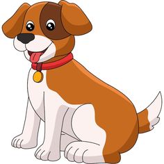 a brown and white dog with a red collar is sitting on the ground, smiling