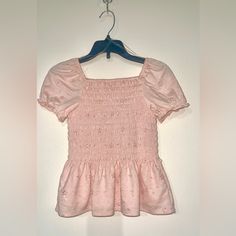 New Peach Colored Baby Doll Top Cute Pink Puff Sleeve Tops, Cute Solid Puff Sleeve Tops, Cute Solid Color Tops With Puff Sleeves, Cute Solid Color Puff Sleeve Tops, Sweet Fitted Tops For Spring, Cute Ruffled Puff Sleeve Tops, Cute Pink Short Sleeve Blouse, Sweet Ruffled Short Sleeve Tops, Girls Tunic Tops