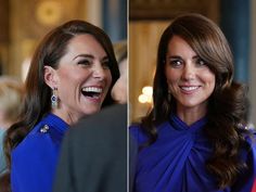 two pictures of the same woman smiling and wearing blue dresses, one with her hair pulled back