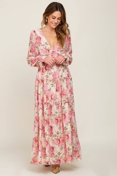 Ivory Floral Chiffon Ruffle Tiered Maxi Dress– PinkBlush