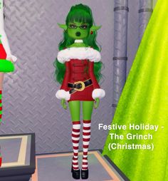 an animated image of two women dressed up as elves and santa clausees, one in green