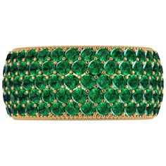 FERRUCCI Wide green emerald pave' ring, with a slightly dome feeling, a wrap of deep green, top quality emeralds for an approximate total carat weight of 4.70 carats, hand made in New York City with the best Italian craftsmanship, conceived in 18k yellow gold. Classic, sophisticated, gorgeous look, everlasting in time style. This is a Ring size 7, we offer the complimentary custom size upon order. Emerald Diamond Ring, Pave Ring, Domed Ring, Three Stone Rings, Emerald Diamond, Gold Diamond Rings, Deep Green, Emerald Ring, Emerald Green