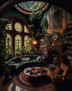 a living room filled with furniture and lots of plants on the wall next to a fire place