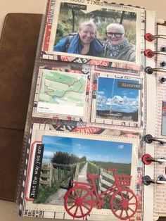 an open scrapbook with pictures and photos on it