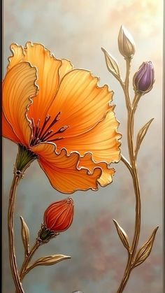 an orange flower is shown in this painting