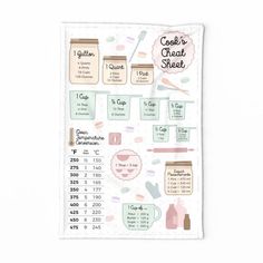 a kitchen towel with the words, cook's great sheet and ingredients on it