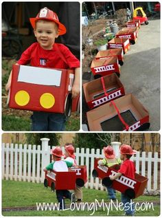 a collage of photos with children dressed as firetrucks and cardboard boxes