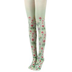 Mint green tights with a vibrant floral print, ideal for a cottagecore aesthetic outfit Material: Nylon Free Size Green Stretch Thigh High Legwear, Fitted Green Thigh High Legwear, Green Fitted Thigh High Tights, Stretch Green Legwear For Spring, Fitted Green Legwear, Casual Fitted Spring Tights, Fitted Casual Spring Tights, Fitted Green Legwear For Spring, Fitted Green Floral Print Bottoms