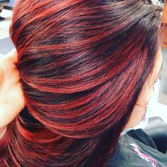 Copper Hair With Peekaboo Color, Red Highlights On Brown Hair, Copper Highlights On Brown Hair, Crimson Red Hair, Bright Copper Hair, Red Highlights In Brown Hair, Highlights On Brown Hair, Red Hair With Highlights, Hair Foils