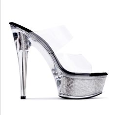 Clear Soft Tpu Upper Rhinestone Platform Bottom Memory Foam For Comfort 2” Platform 5” Heel Silver Crystal High Heels, Silver Heels With Rhinestone Rivets For Night Out, Silver Heels With Rhinestone Rivets For Evening, Silver High Heels With Rhinestone Rivets, Silver Bedazzled Crystal Heels, Silver Sparkling Crystal Heels, Silver Crystal Sparkling Heels, Crystal Silver Sparkling Heels, Silver Crystal Heels With Bling