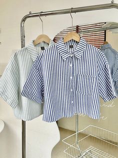 Striped Cropped Women's Fashionable Loose Casual Rolled-Cuff Short Sleeve Shirt Navy Blue Casual  Short Sleeve Woven Fabric Striped Shirt Non-Stretch  Women Clothing, size features are:Bust: ,Length: ,Sleeve Length: Cuffed Shorts, Kids Sleepwear, Striped Shirt, Women Clothing, Short Sleeve Shirt, Women Clothes Sale, Womens Tees, Sleeve Shirt, Casual Women