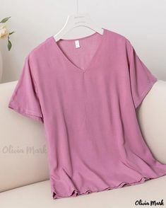 OliviaMark - Classic Solid Color V-neck Short Sleeve T-shirt - Comfortable and Stylish Casual Top Cardigan Shirt, Puff Sleeve Blouse, Home T Shirts, Color Shorts, Casual T Shirt, Basic Tops, Casual Top, Top Casual, Olivia Mark