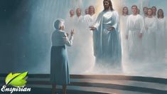 a painting of jesus standing in front of a group of people with their hands together