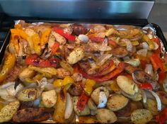 Ingredients:\n4 Italian sausages\n4 cups potatoes\n2 bell peppers\n2 onions\n2 cloves garlic\n2 tablespoons olive oil\n1 teaspoon dried oregano\n1 teaspoon dried thyme\n\nInstructions:\nPreheat oven to 400F.\nMix potatoes, peppers, onions, garlic, olive oil, oregano, thyme in a bowl.\nPlace on a baking sheet and top with Italian sausages.\nBake for 30-35 minutes or until done.\n\n#OnePanDinner #SausagePeppersOnionsPotatoes #HeartyMeals #HomemadeCooking Sausage Peppers Onions And Potatoes, Sausage Pepper Onions And Potatoes, Peppers Onions And Potatoes, Italian Bake, Dinner For 4, Sausage Peppers Onions, Potato Bake Recipe, Potatoes Dinner, Sausage And Potatoes