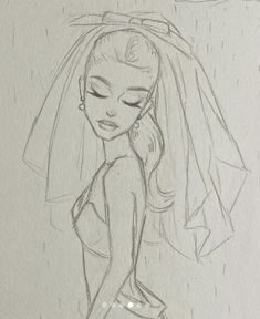 a drawing of a woman in a wedding dress with her eyes closed and veil over her head