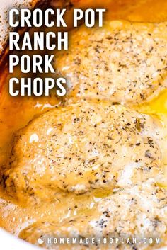 crock pot ranch pork chops in a white bowl with melted cheese on top