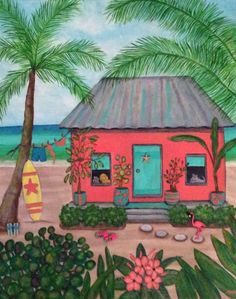 a painting of a pink house on the beach with palm trees and surfboards nearby