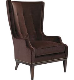 an upholstered wing chair with dark brown fabric and wood legs, viewed from the front