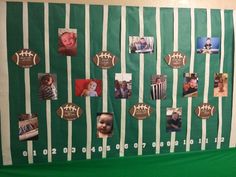 a football themed bulletin board with pictures on it