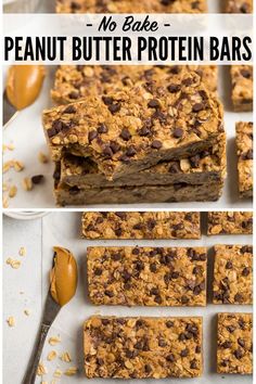 no bake peanut butter protein bars are stacked on top of each other and ready to be eaten