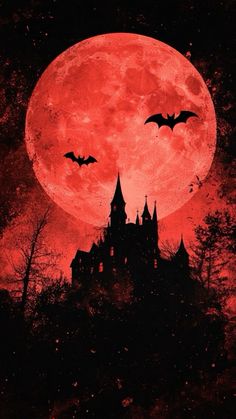 a castle with bats flying over it in front of a full moon and red sky