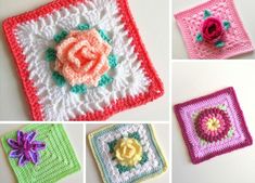 crocheted squares with flowers on them are shown in four different colors and sizes