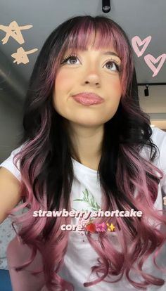 #strawberryshortcake Pink Hair Streaks On Brown Hair, Colored Hair Money Piece, Pretty Hair Highlights, Bangs With Under Color, Color Blocking Hair Brown, Top Layer Hair Dye, Brunette With Pink Money Piece, Pink And Blonde And Brown Hair, Pink N Brown Hair