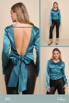 Head out the door looking oh-so chic in the Lulus Lovely Outing Teal Green Satin Cowl Neck Backless Tie-Back Top! Sleek stretch-woven satin shapes these stunning top that features an elegant cowl neckline framed by long sleeves. The fitted bodice features an open back design that boasts a slender strap at the top and secures with sash ties to create a cute bow. Ruched details at either side complete the posh look. Fit: This garment fits true to size. Length: Size medium measures 20.75" from shou Satin Backless Party Top, Chic Satin Backless Top, Satin Tie-back Top For Evening, Satin Tie Back Top For Evening, Spring Party Tops With Satin Finish, Stretch Satin Tops For Date Night, Fitted Top With Satin Finish For Night Out, Fitted Tops With Satin Finish For Night Out, Fitted Satin Finish Tops For Night Out