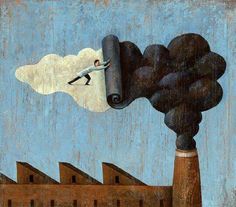 a painting of a man falling from a factory chimney