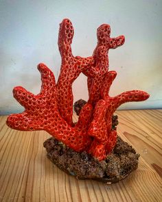 a red coral sculpture sitting on top of a wooden table