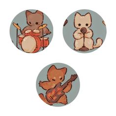 three buttons with cats playing the guitar and cat on drums in front of a white background