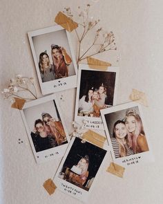 four polaroid photos with flowers and ribbons around them on a white surface next to the wall