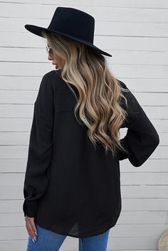 Black Oversized Boyfriend Button Shirt Oversized Tops With Button Cuffs For Fall, Oversized Black Collared Top, Black Long Sleeve Tops With Button Cuffs, Oversized Crew Neck Top With Buttons, Oversized Black Tops With Buttons, Oversized Black Top With Buttons, Oversized Casual Tops With Button Cuffs, Casual Black Top With Button Cuffs, Oversized Solid Color Button-up Top