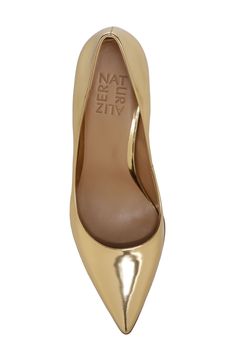 A pointy-toe pump with a flexible sole and comfy cushioning is styled with a curving topline that dips along the sides to show extra bits of skin. 3 1/4" heel Contour+ comfort technology Padded footbed Arch support Leather upper/synthetic lining and sole Imported Women's Shoes Gold Heels With Removable Insole And Pointed Toe, Gold Pointed Toe Kitten Heels With Sculpted Heel, Gold Pointed Toe Court Shoes With Deep Heel Cup, Gold Almond Toe Court Shoes With Branded Heel, Gold Almond Toe Heels With Sculpted Heel, Gold Pointed Toe Heels Medium Width, Gold Court Shoes With Branded Heel Counter For Spring, Gold Heels With Deep Heel Cup And Pointed Toe, Gold Medium Width Pointed Toe Heels