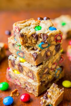 several pieces of cookie bars stacked on top of each other