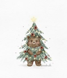 a watercolor painting of a teddy bear holding a christmas tree