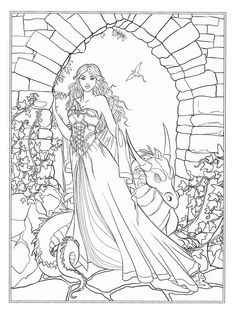 an adult coloring page with a princess in the background