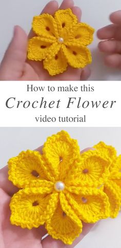 the crochet flower is shown in yellow