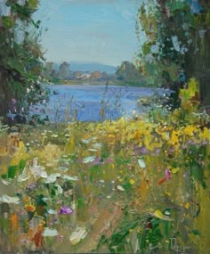 an oil painting of flowers and trees by the water