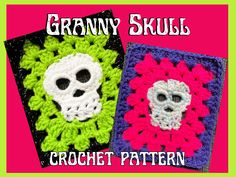 two crocheted skulls are shown in different colors