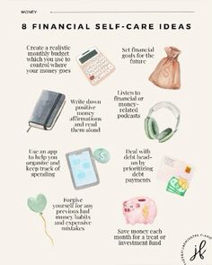 a poster with the words 8 financial self - care ideas